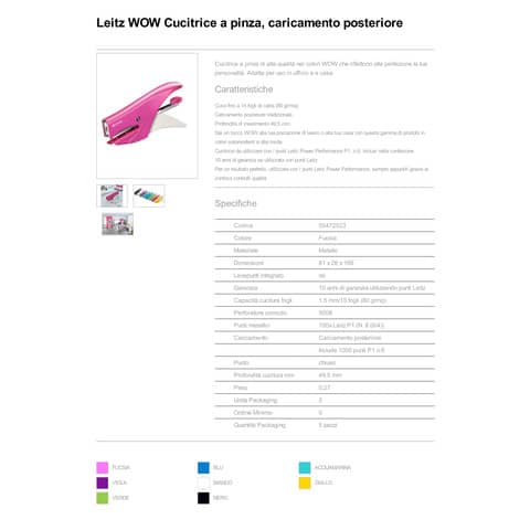 Cucitrice fino a 15 fogli Leitz 5547 WOW fucsia metallizzato 55472023